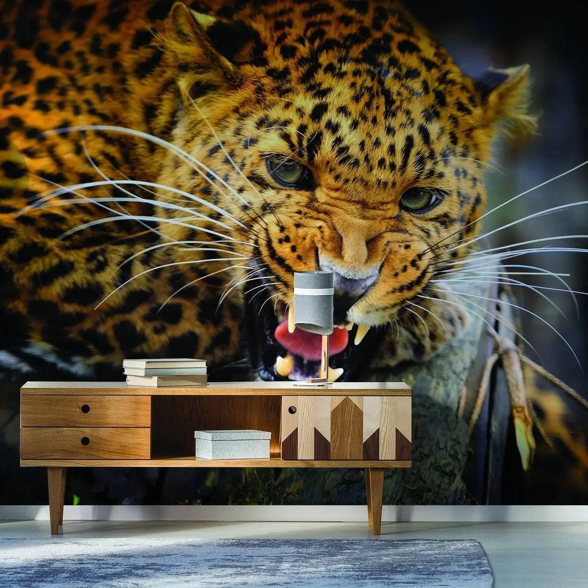 Chic Jaguar Vinyl Wall Decal in stylish home decor setting showcasing vibrant feline artwork.