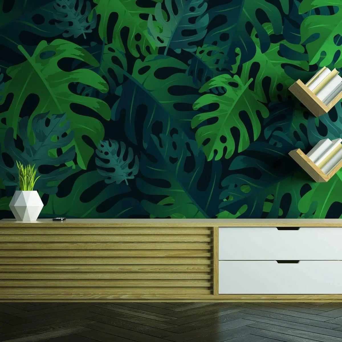 Tropical paradise peel and stick wallpaper featuring vibrant green leaves, enhancing modern home decor.