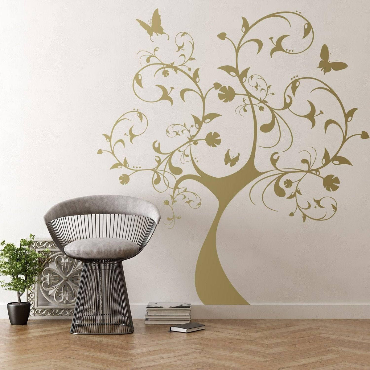 Nature's Delight vinyl wall art, decorative tree with butterflies on smooth wall.