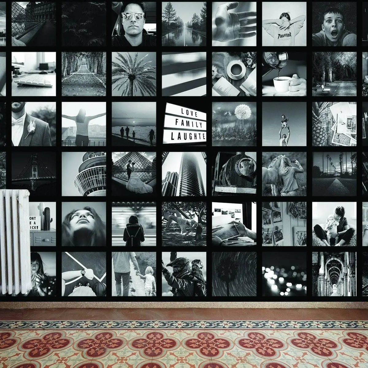 Custom memory wall art featuring a black and white photo collage, showcasing love, family, and laughter in a stylish decor.