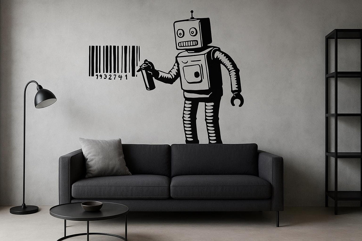 Robot barcode wall decal in black vinyl featuring a spray can, modern urban decor for office or game room.