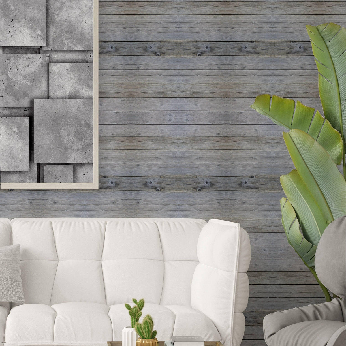 Rustic self-stick wooden plank wall decal in stylish living room with white couch and modern artwork.