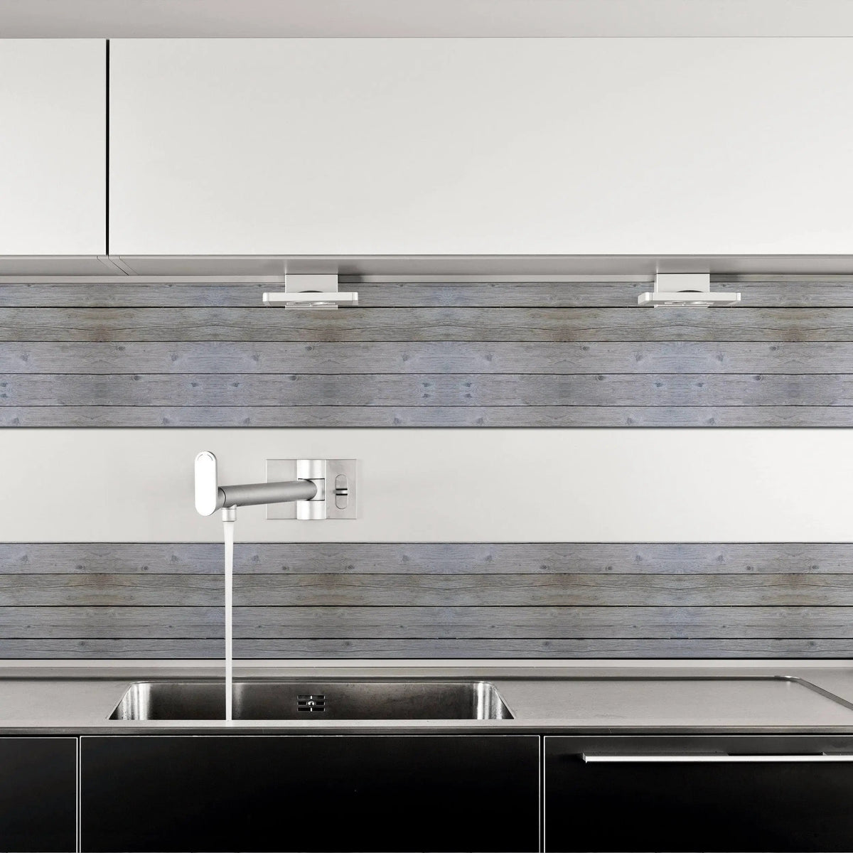 Rustic wooden plank wall decal displayed in a modern kitchen.