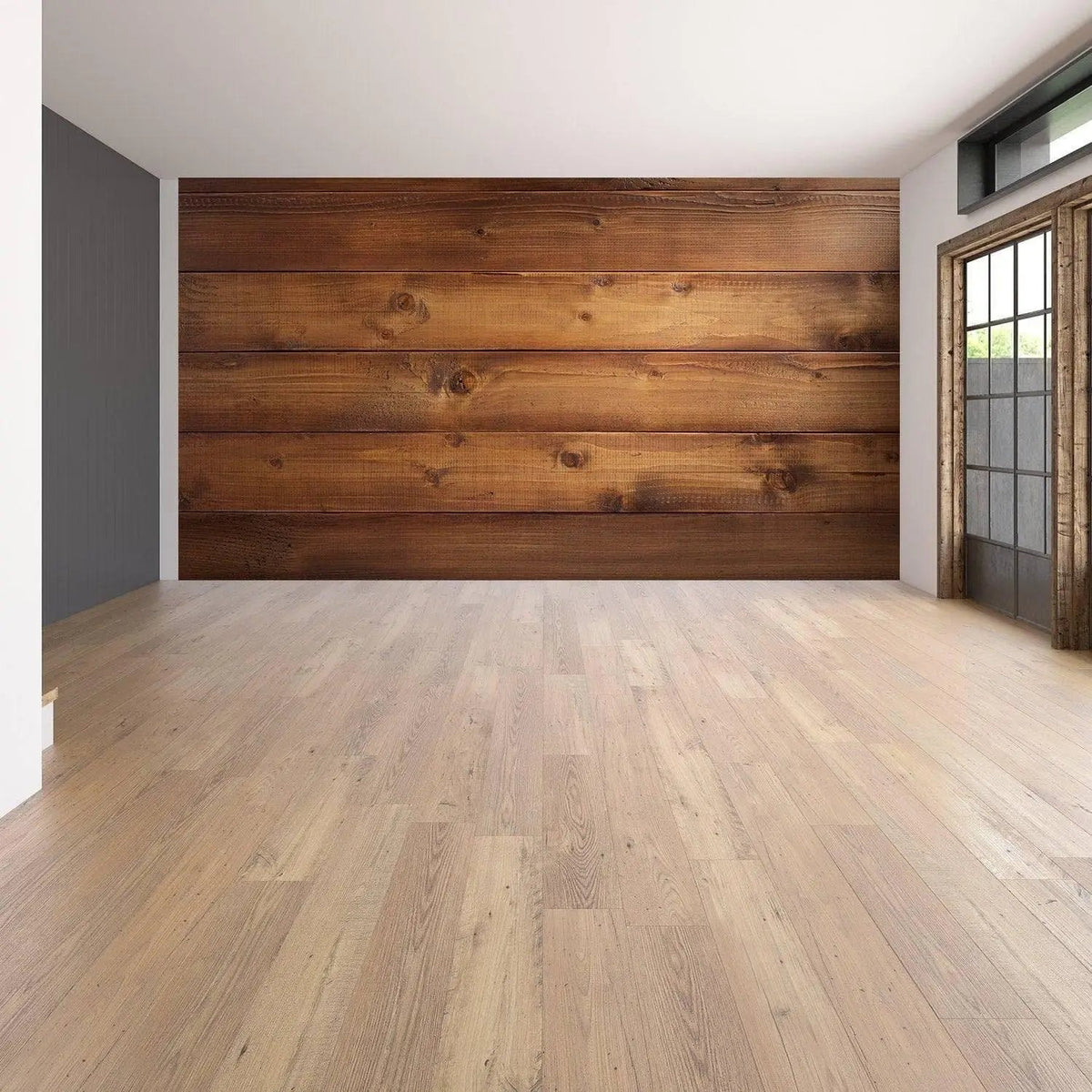 Interior view of a room featuring wooden style self-adhesive vinyl decal wall and light wooden flooring.
