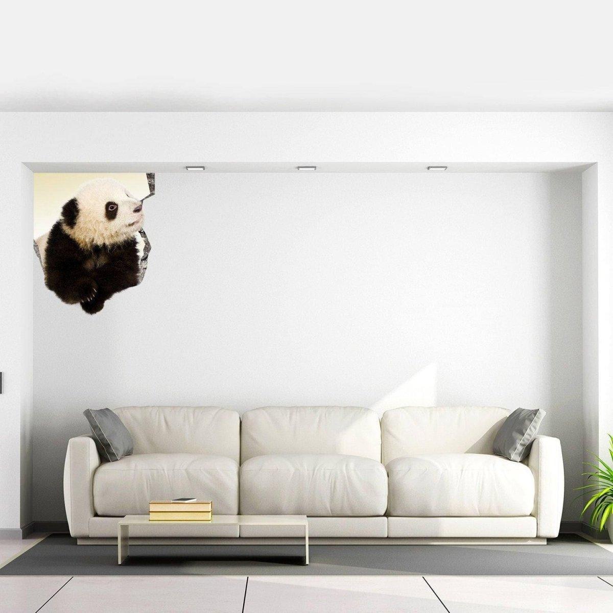 3D wildlife porthole wall decal featuring a cute panda above a white sofa in a modern living room.