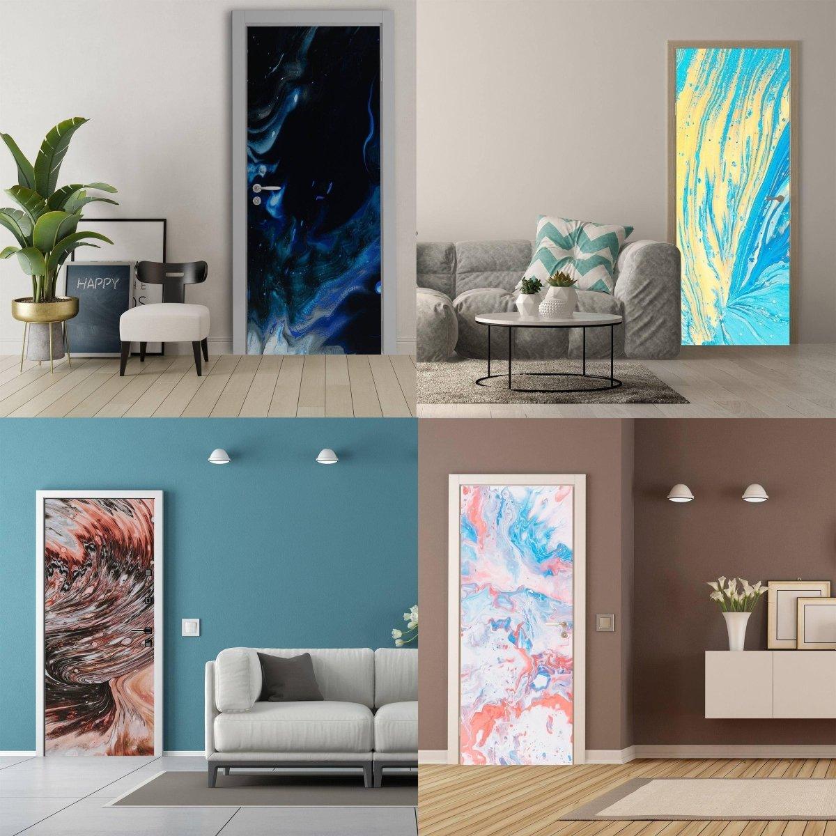 4 stylish interiors showcasing 3D abstract transformation door wrap kits in vibrant colors and creative designs.