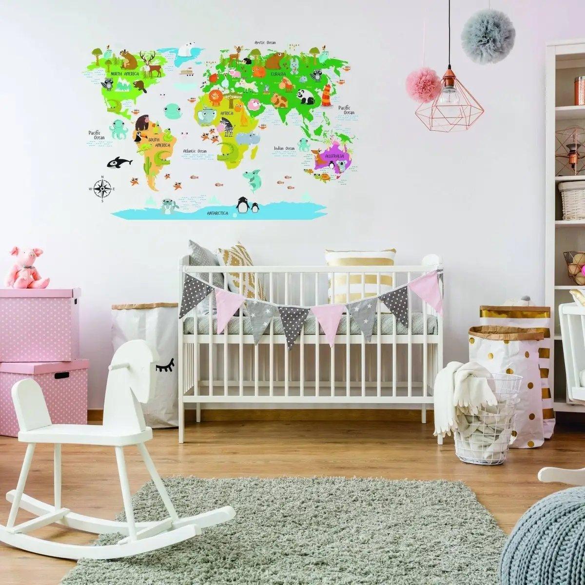 Kids world map wall decal featuring colorful animals and landmarks.
