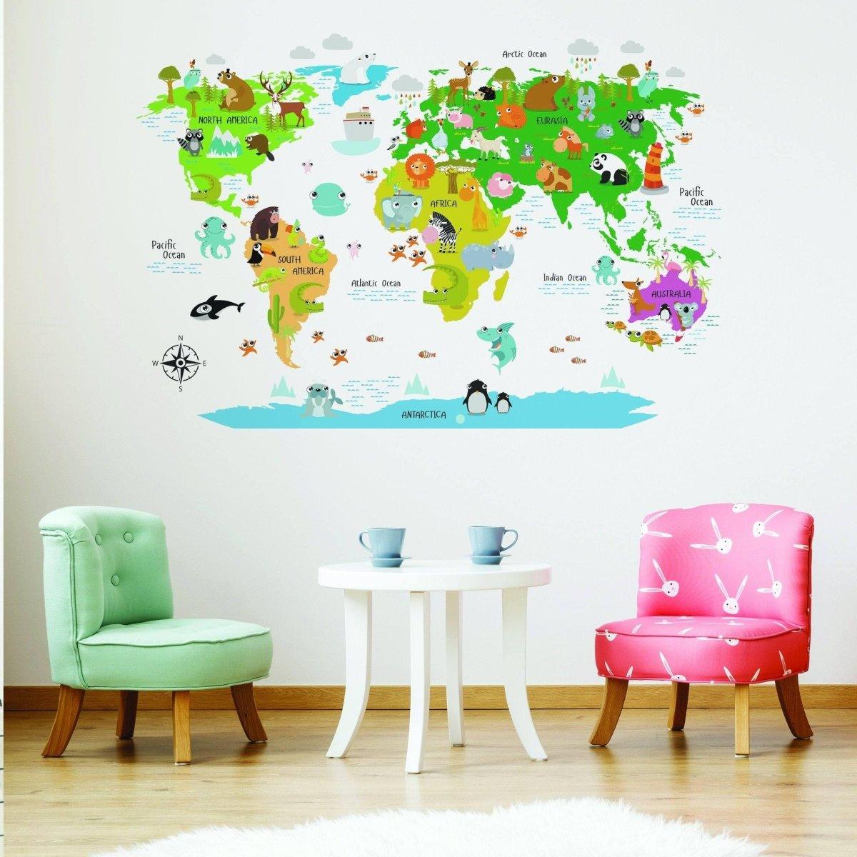 Colorful world map wall decal for kids featuring animals and oceans.