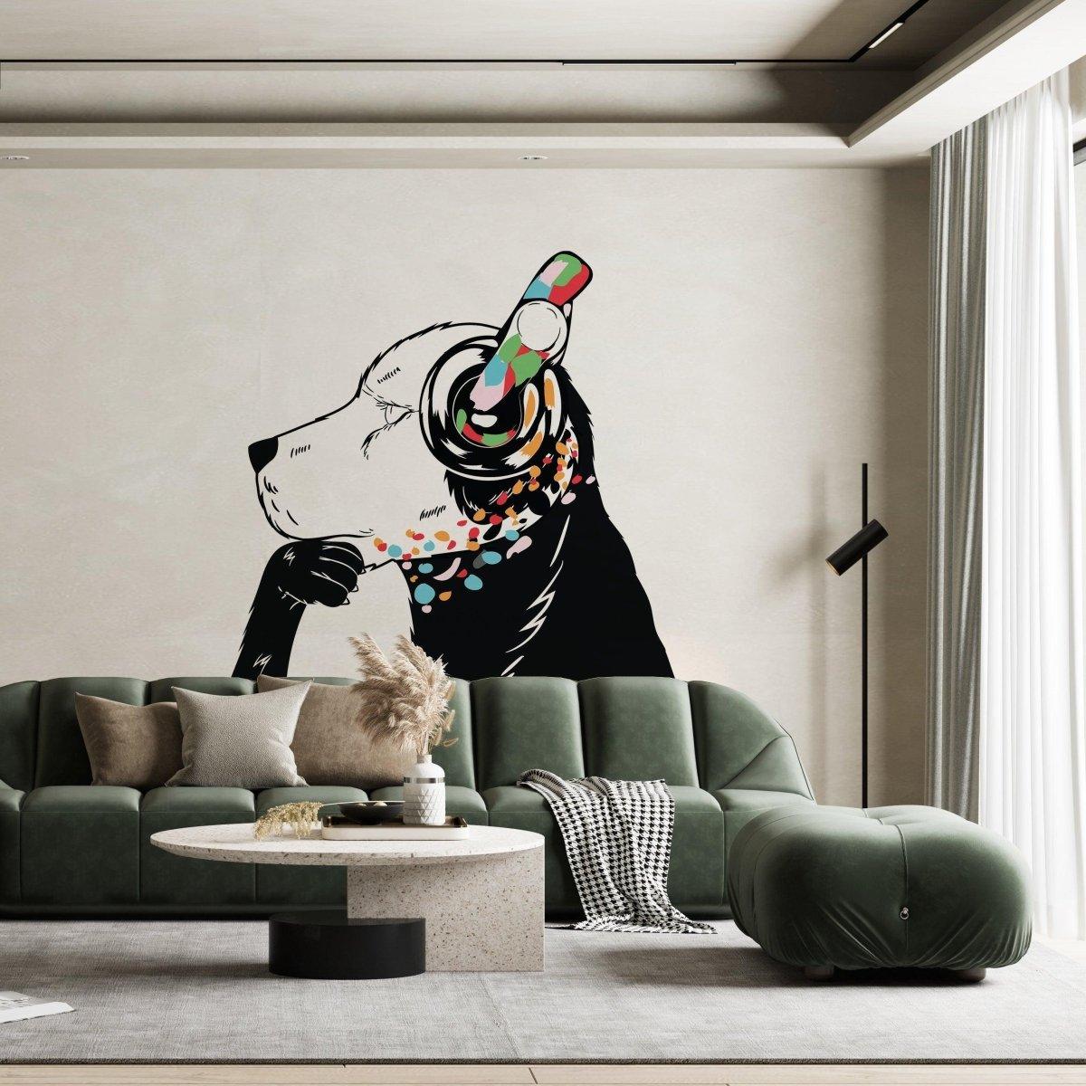 Dog with headphones wall sticker in a vibrant graffiti-style design.