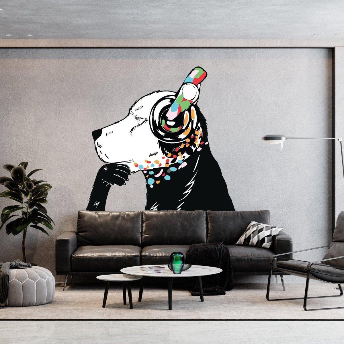 Dog with headphones street art wall decal displayed in a modern living room.