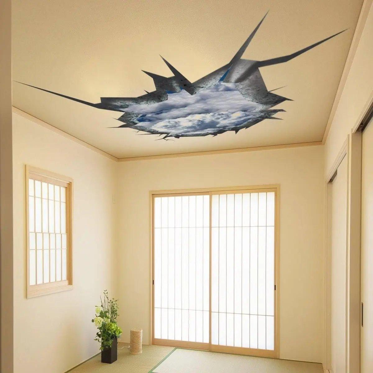 3D ceiling sticker displaying a cracked illusion revealing a blue sky, transforming room decor with optical intrigue.