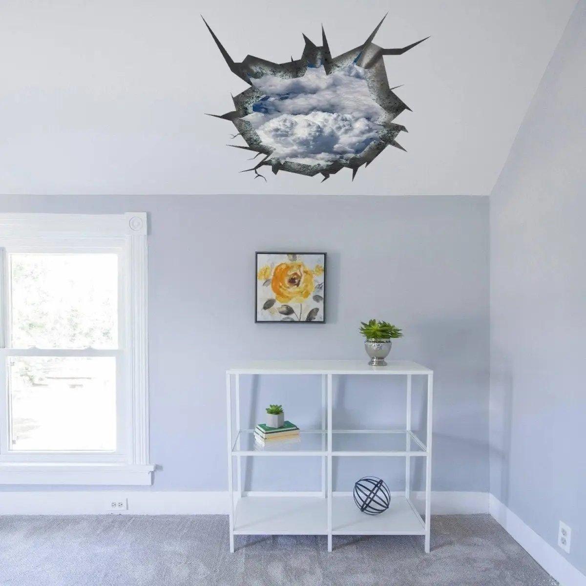 3D cracked-sky ceiling decal revealing blue sky and clouds
