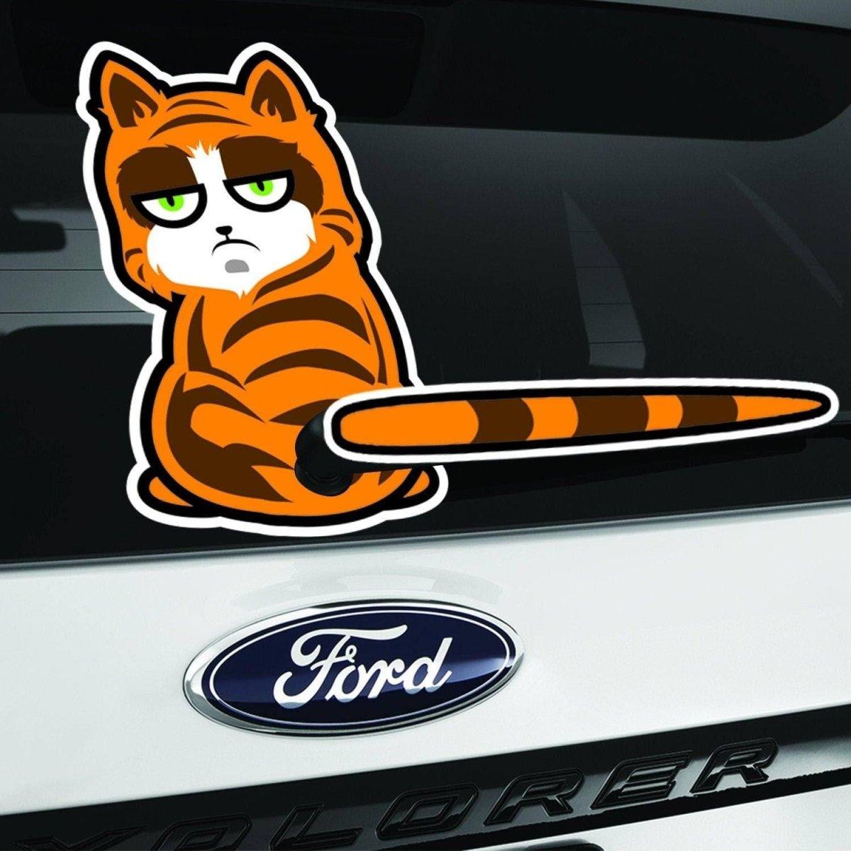Cat-Tastic rear window car decal featuring a playful orange cat sticker on a Ford vehicle.