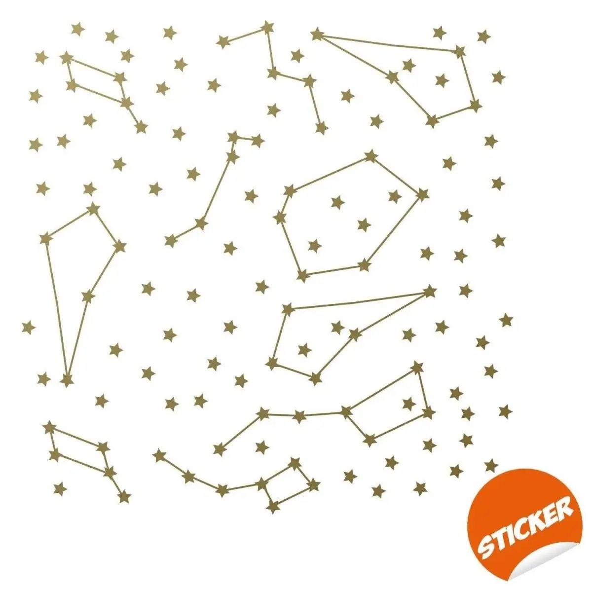 Celestial Dreams vinyl wall stickers featuring gold constellations and stars for a cosmic home decor transformation.