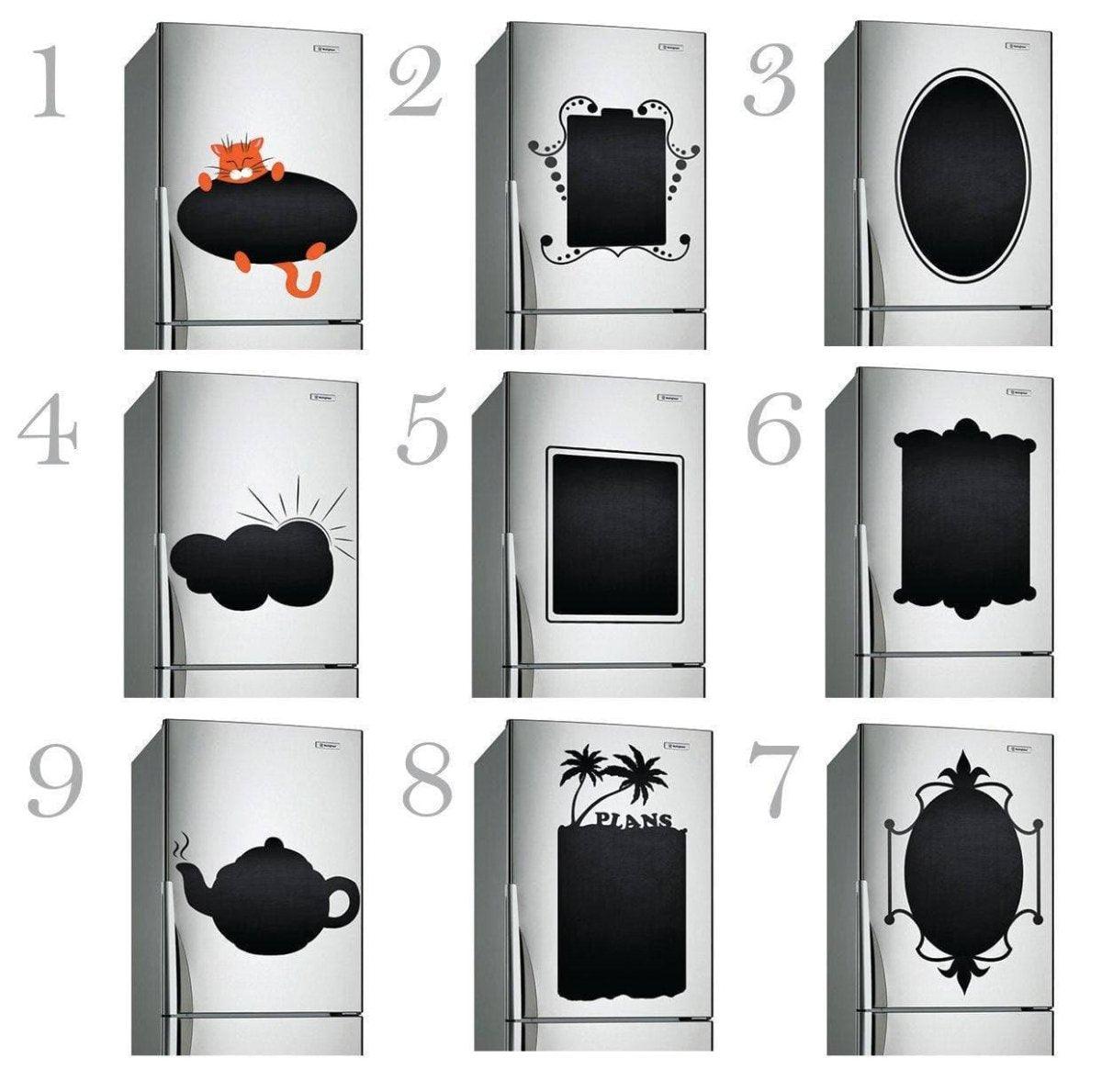 Variety of magnetic chalkboard stickers for refrigerators with fun designs and shapes.
