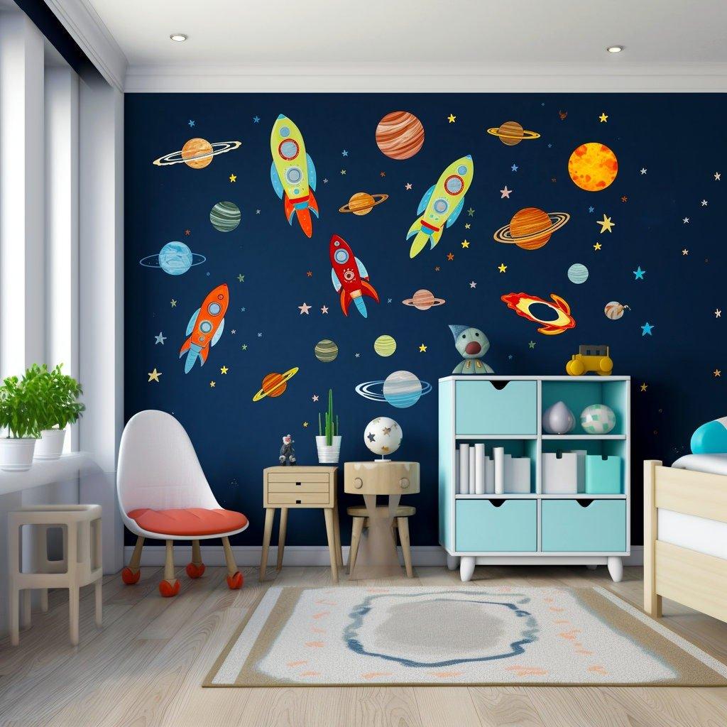Colorful galaxy-themed wall stickers with rockets and planets in a child's bedroom