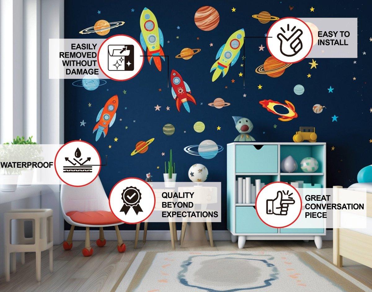 Colorful galaxy wall stickers featuring rockets and planets.