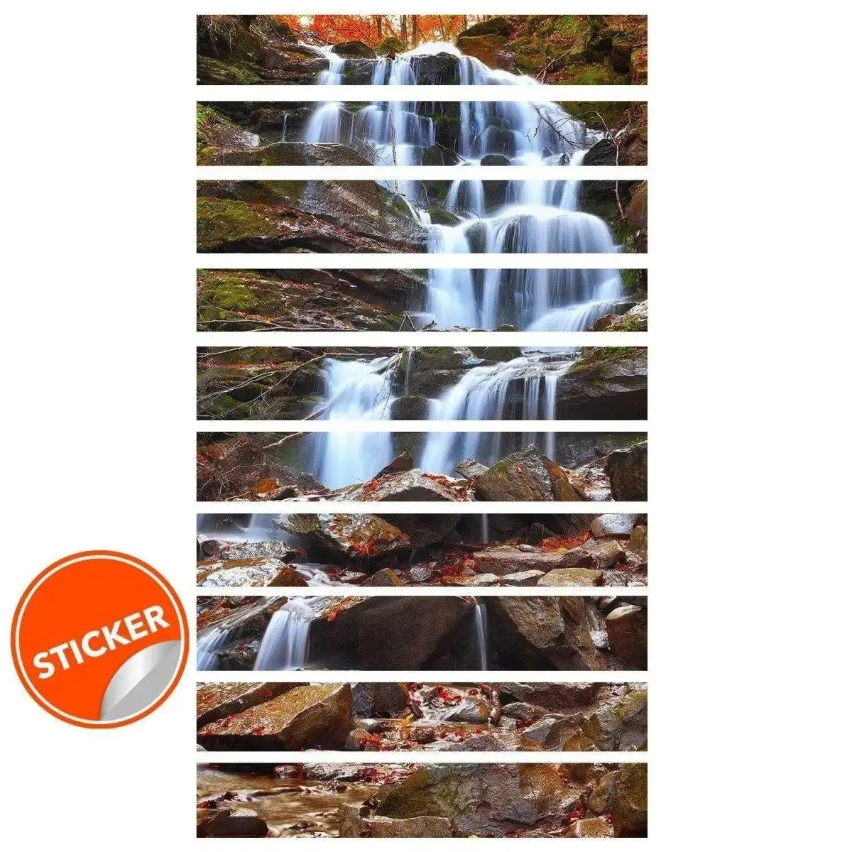 Custom fit stair riser decals with waterfall design.