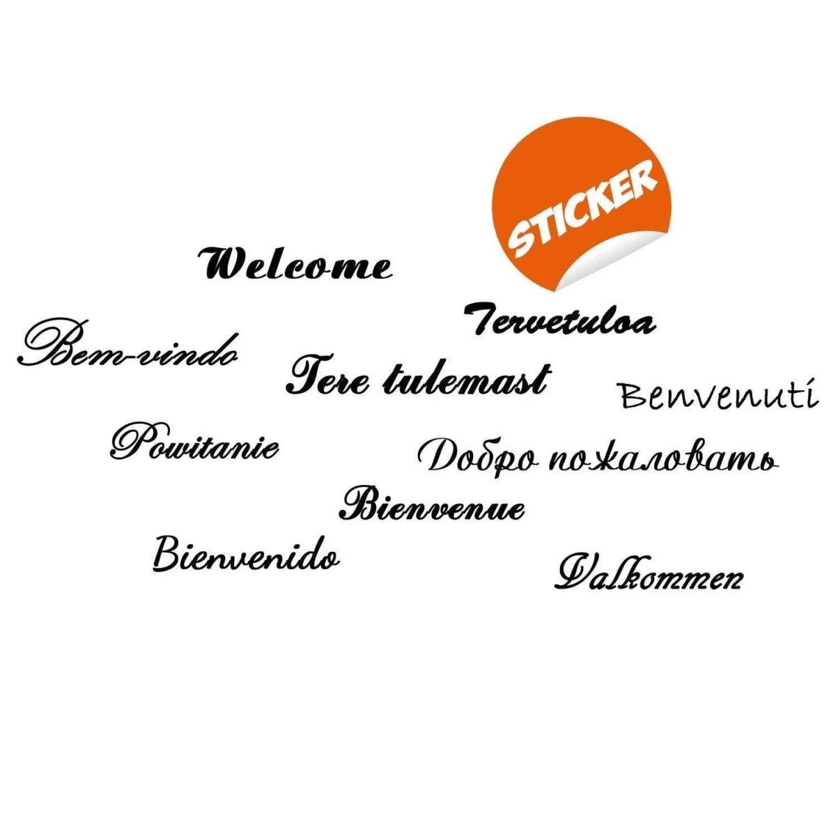 Colorful welcome sticker decal featuring greetings in multiple languages for home entry decoration.