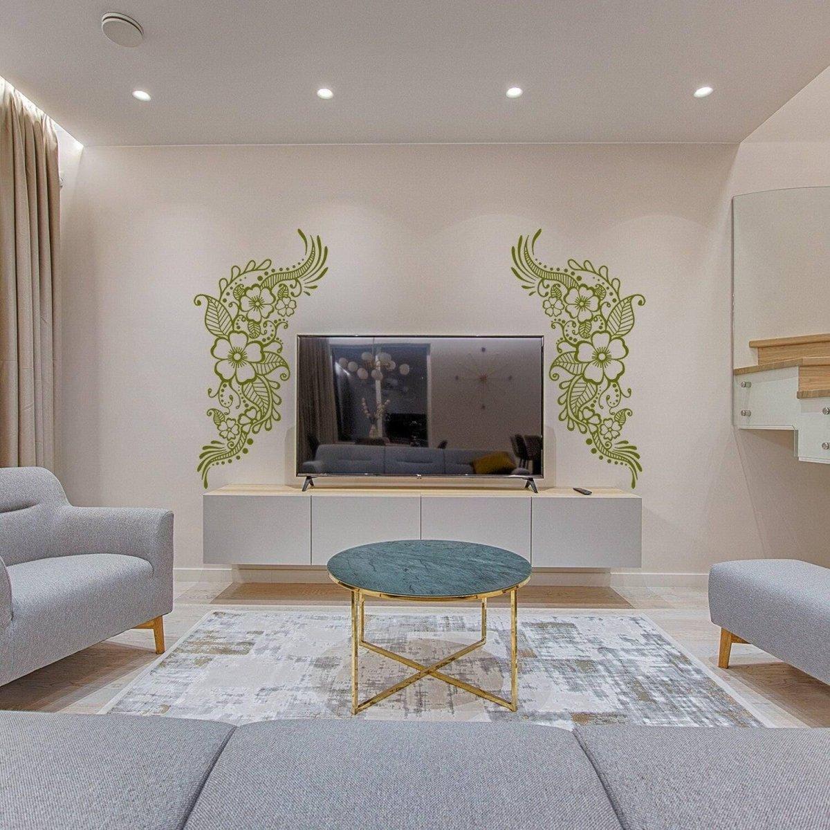 Henna art inspired wall decal in a stylish living room, enhancing decor with elegance and sophistication.