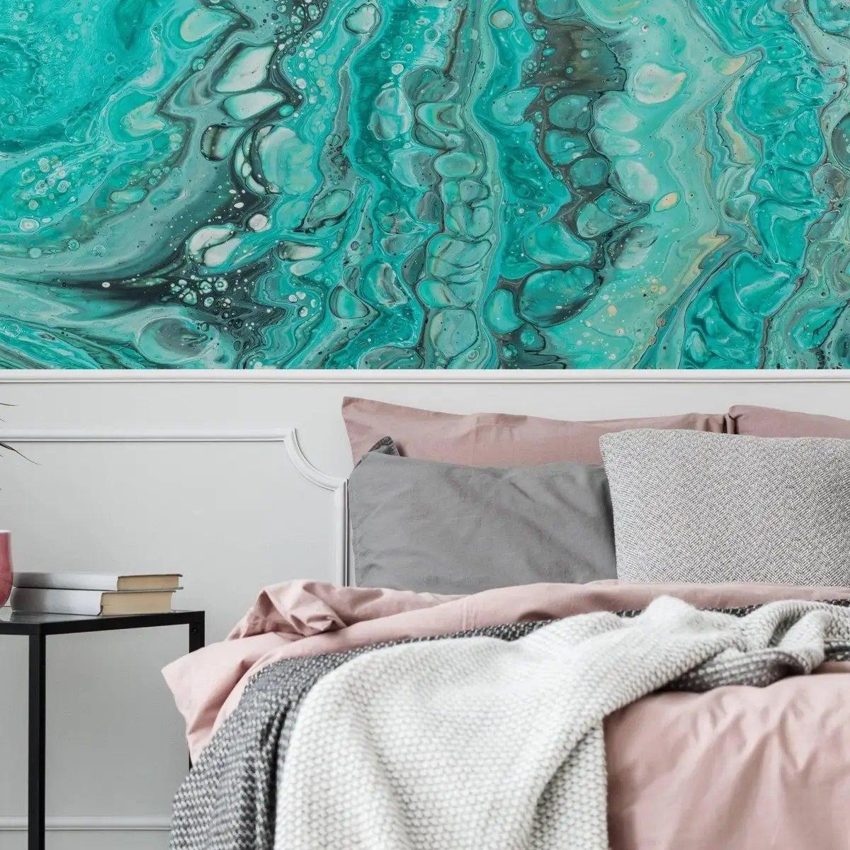 Luxurious self-adhesive marble pattern wallpaper in a modern bedroom with cozy bedding and stylish decor.