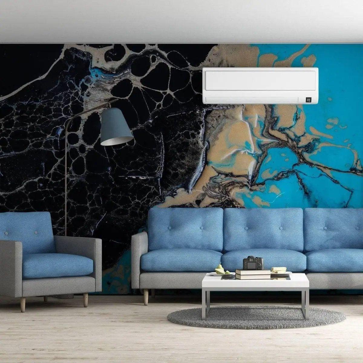 Elegant marble wall covering in a modern living room, featuring blue and black design with a comfortable sofa.
