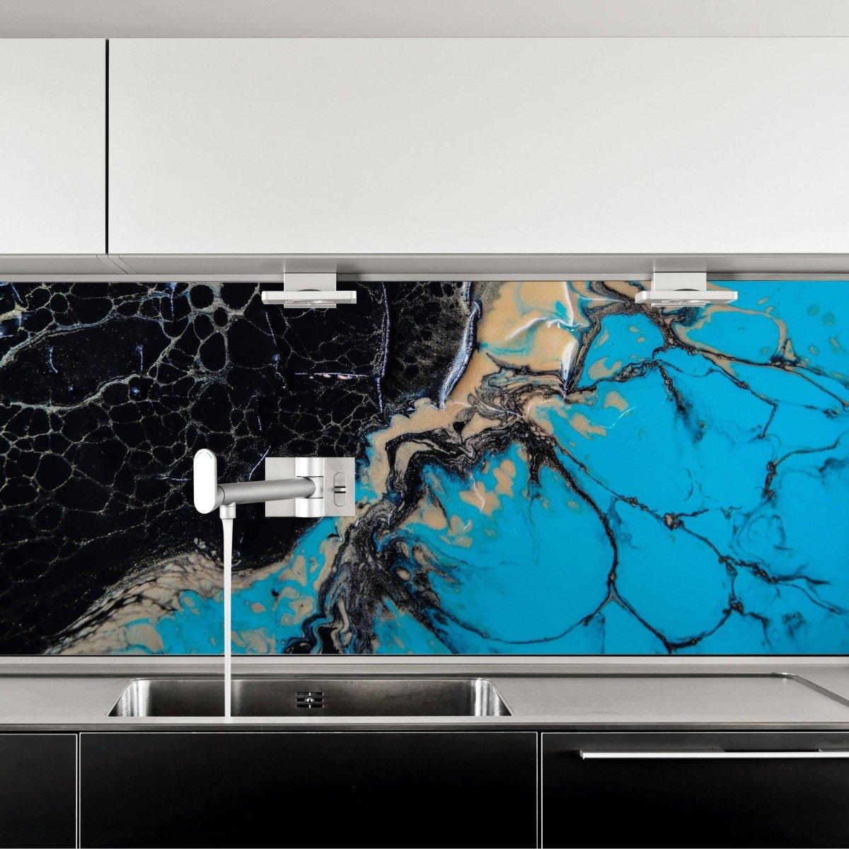 Elegant marble vinyl wallpaper sticker in a modern kitchen, featuring vibrant blue and black patterns.