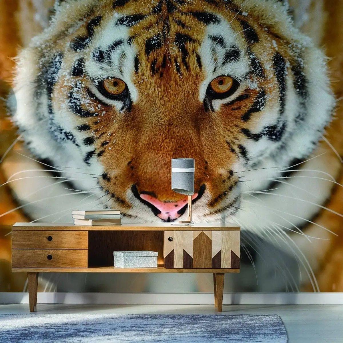 Stylish tiger wall decal in modern living room, adding exotic elegance and wild charm to interior decor.