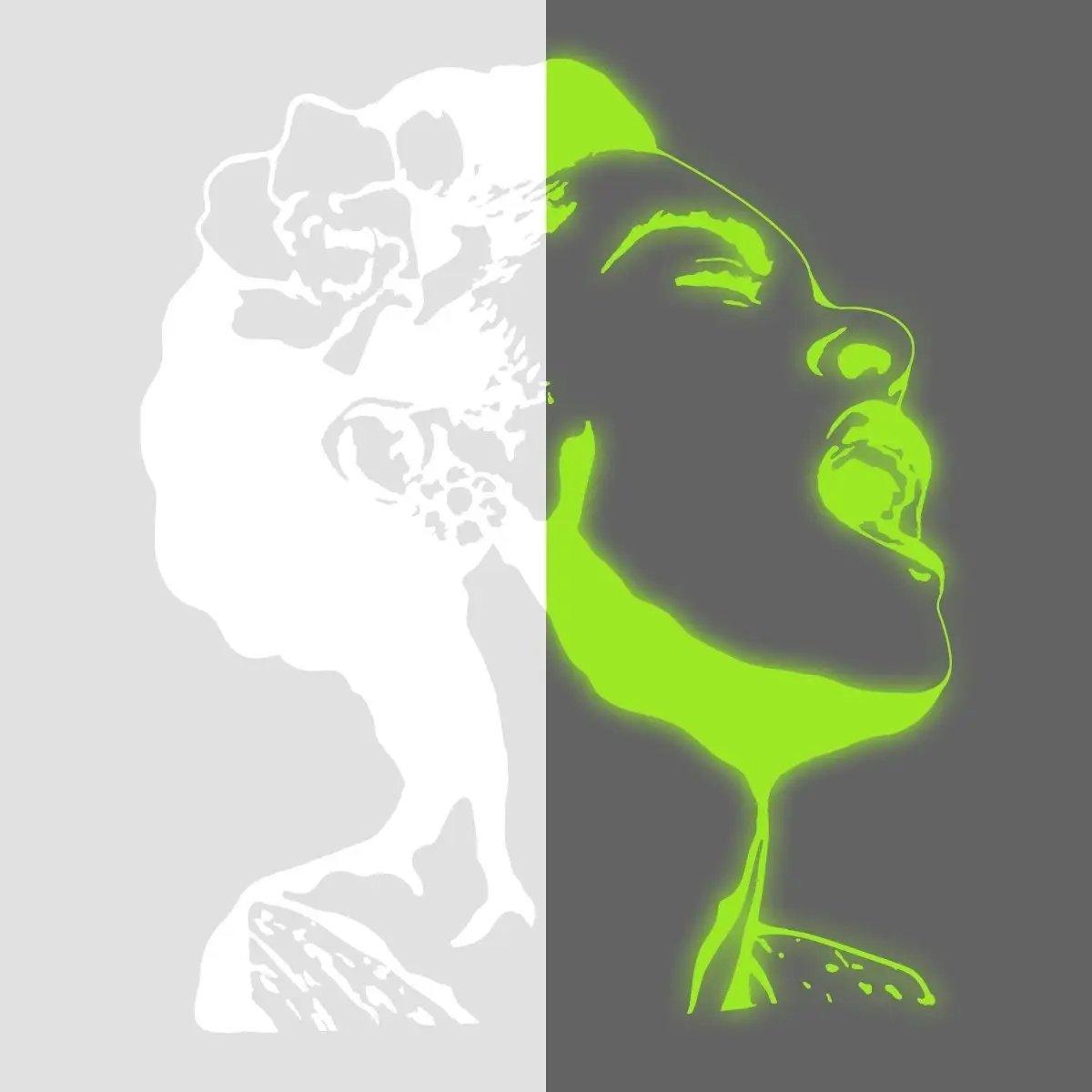 Luminous wall art depicting a woman singing, with a vibrant green glow against a gray and white background.
