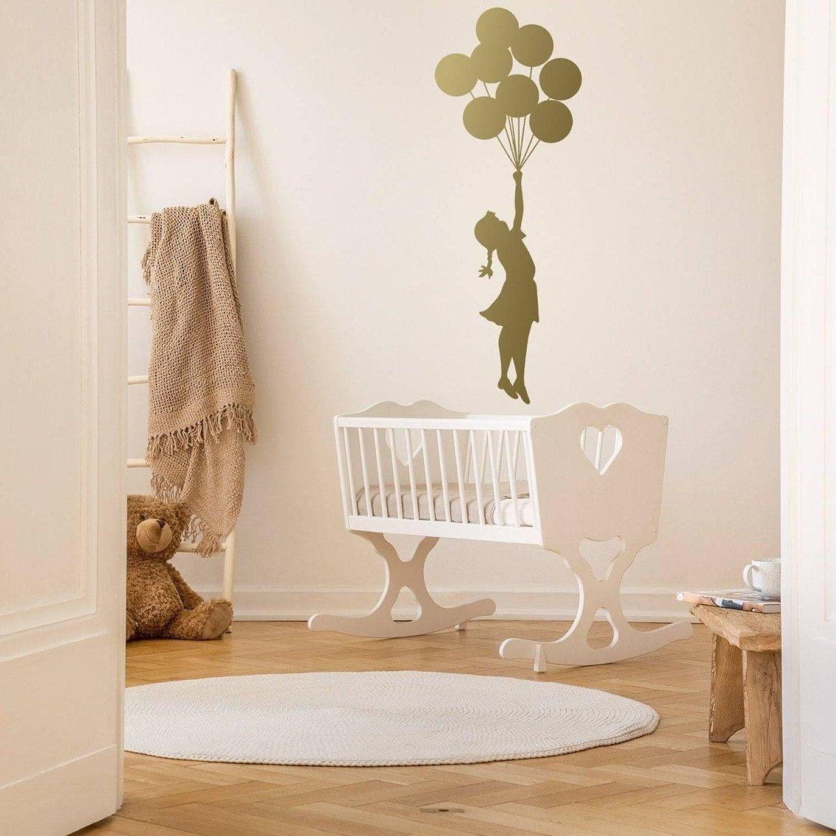 Ethereal Dreams removable wall sticker featuring a girl holding balloons in a cozy nursery setting.