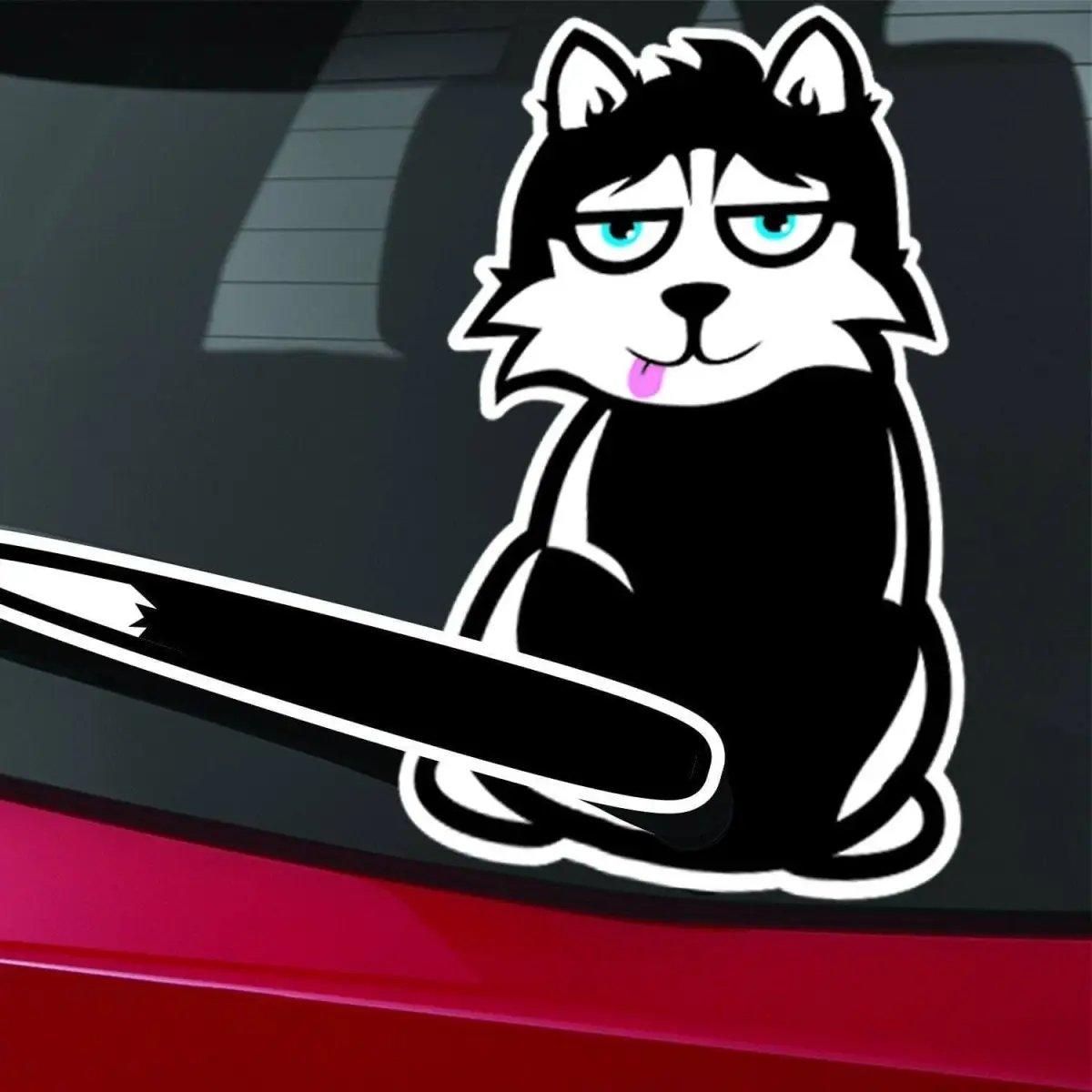 Cute black and white cat car sticker for rear window with playful expression.
