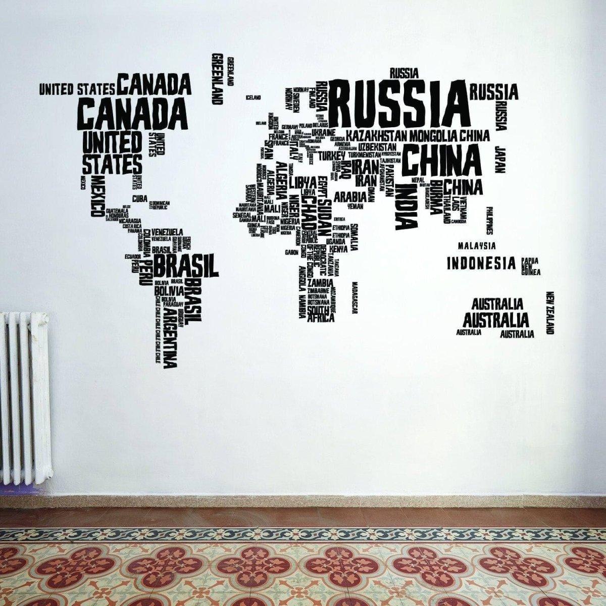World map wall sticker featuring country names in bold typography.