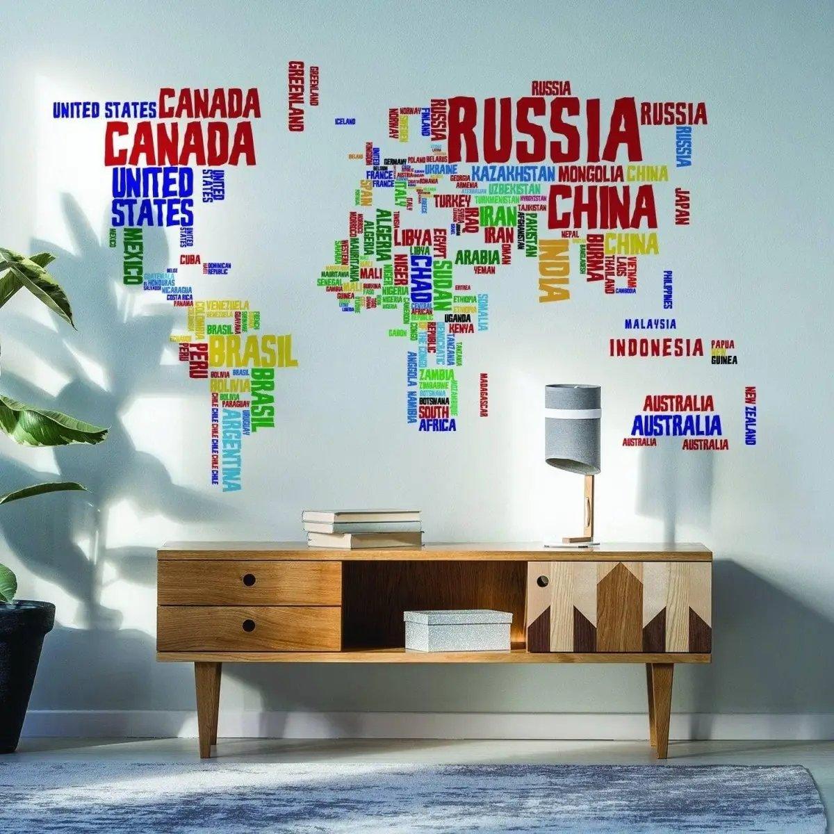 Colorful world map vinyl wall decal featuring country names.