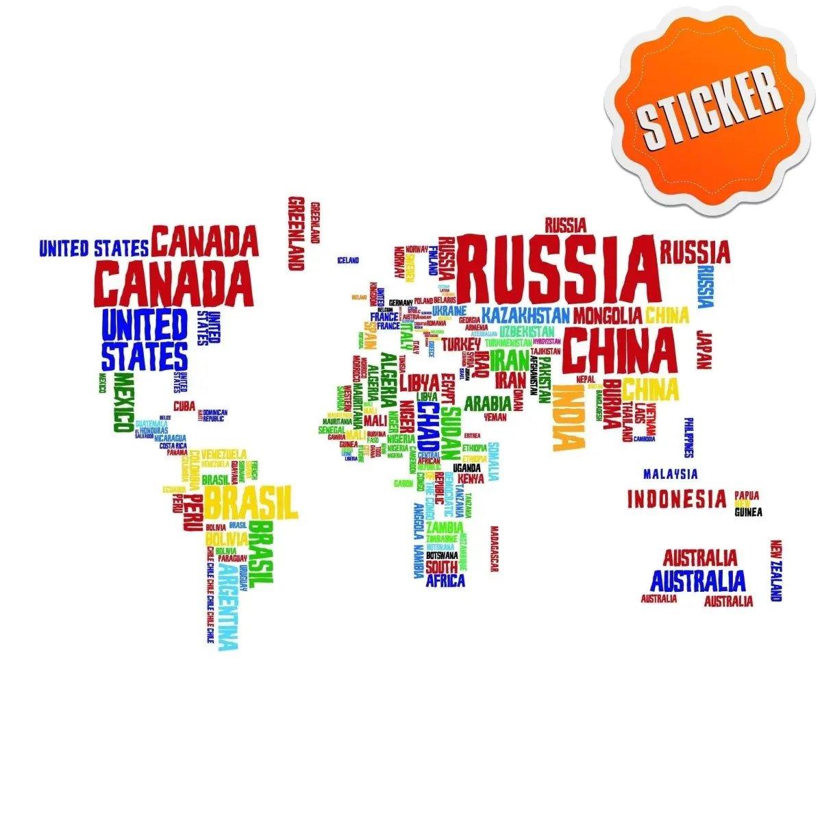 Colorful World Map Vinyl Sticker featuring country names.
