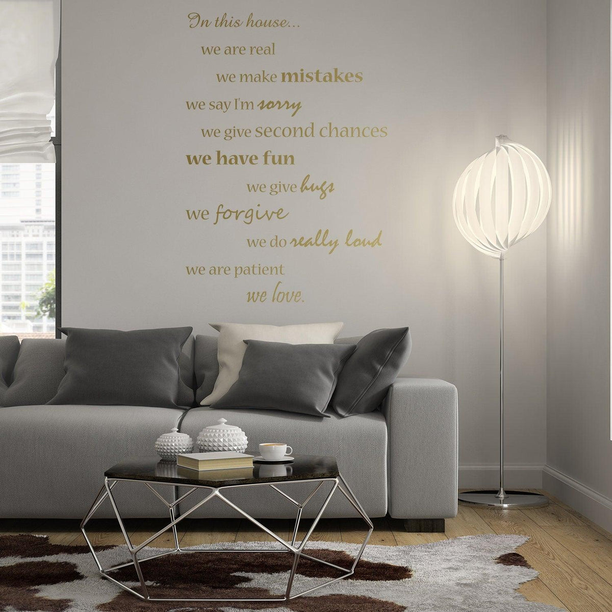 In This House wall decal with family rules quotes in stylish living room decor.