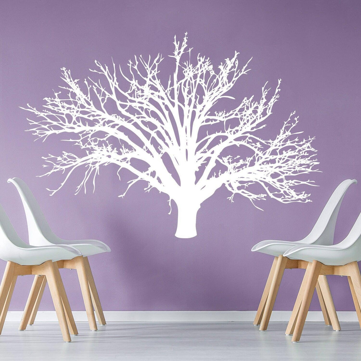 White birch tree wall decal on purple background.