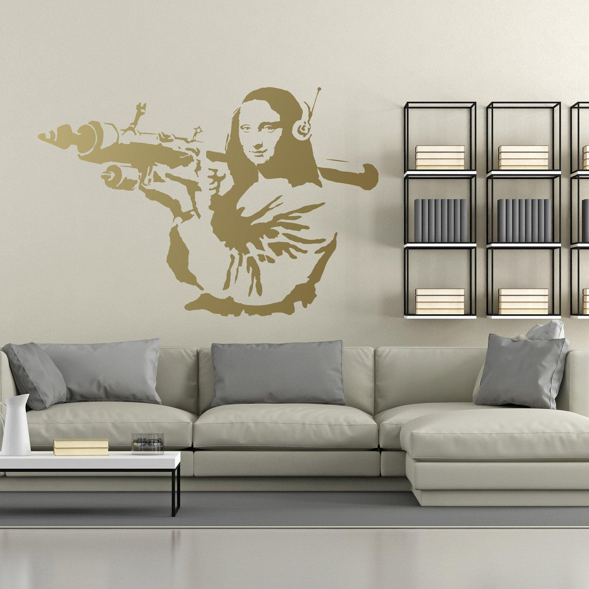 Mona Lisa wall sticker displayed in a modern living room.