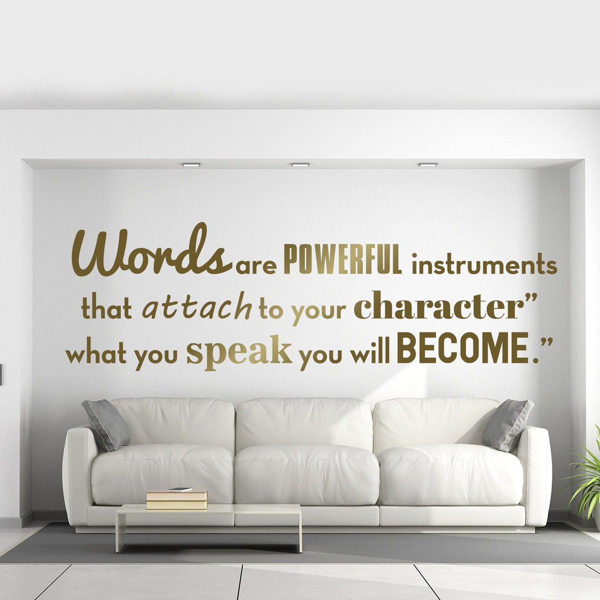 Inspirational wall vinyl quote sticker featuring motivational words on a living room wall.