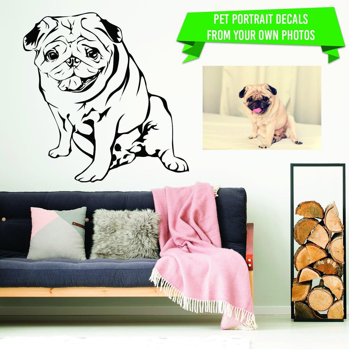 Custom wall decal of a pug dog with a cozy living room setup, showcasing personalized pet portrait vinyl sticker.