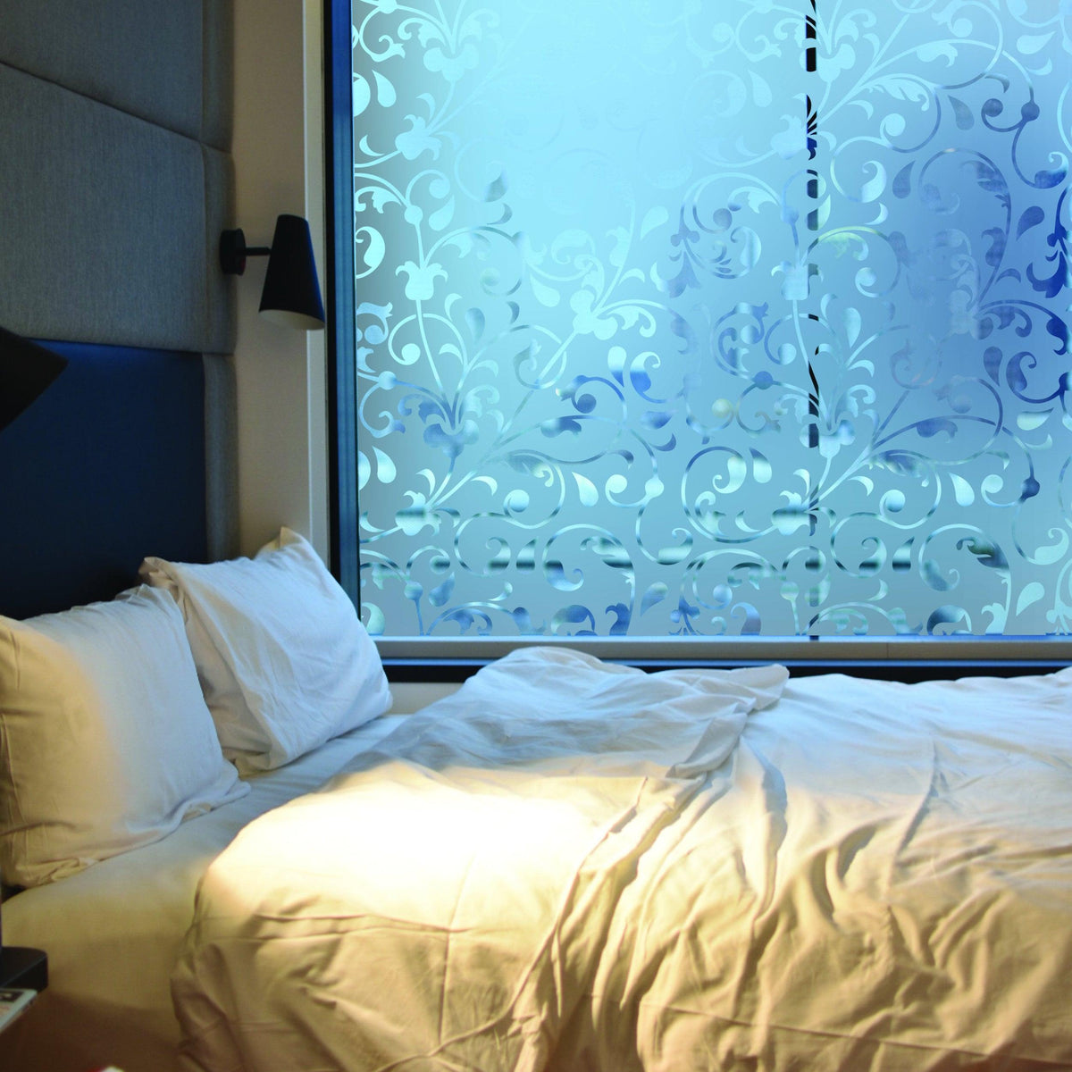 Frosted Film Wow Sticker on a window, enhancing a bedroom's elegance with elegant design.