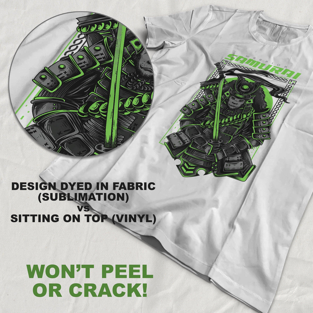 Custom samurai graphic t-shirt showcasing sublimated and vinyl designs.