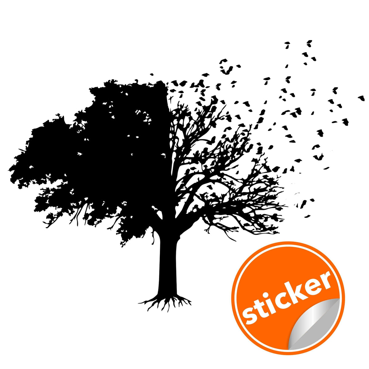 Silhouette tree wall decal sticker with birds flying.