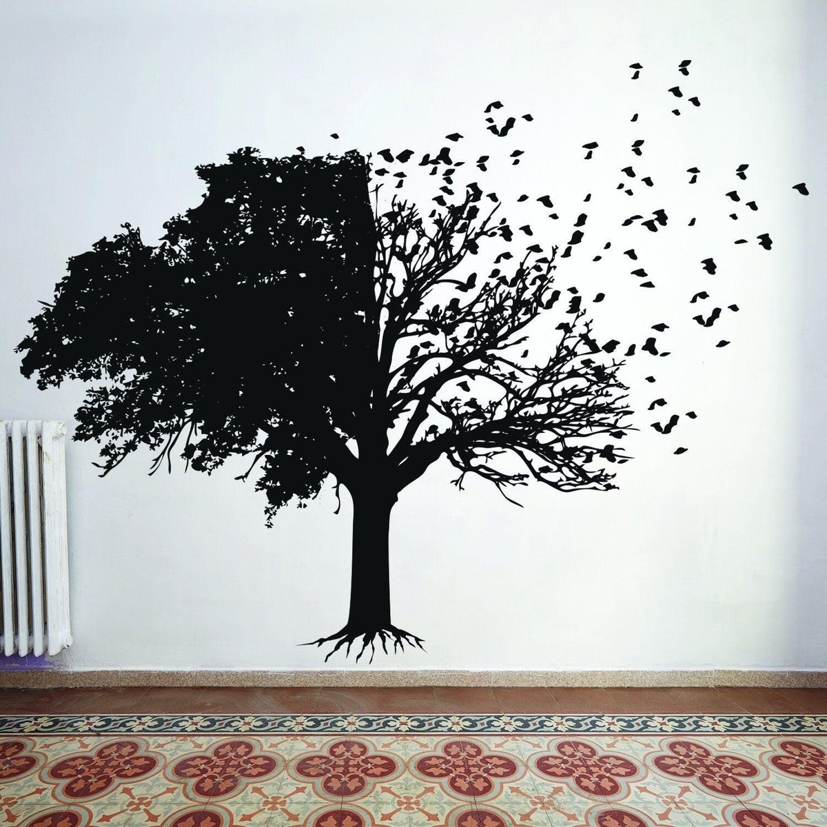 Black tree wall decal with leaves and birds.