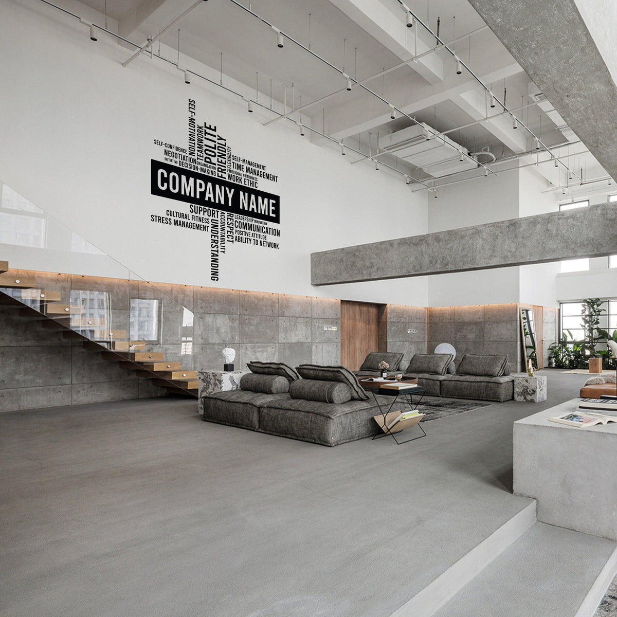 Modern office interior featuring a customized business name vinyl wall sticker for professional decor.