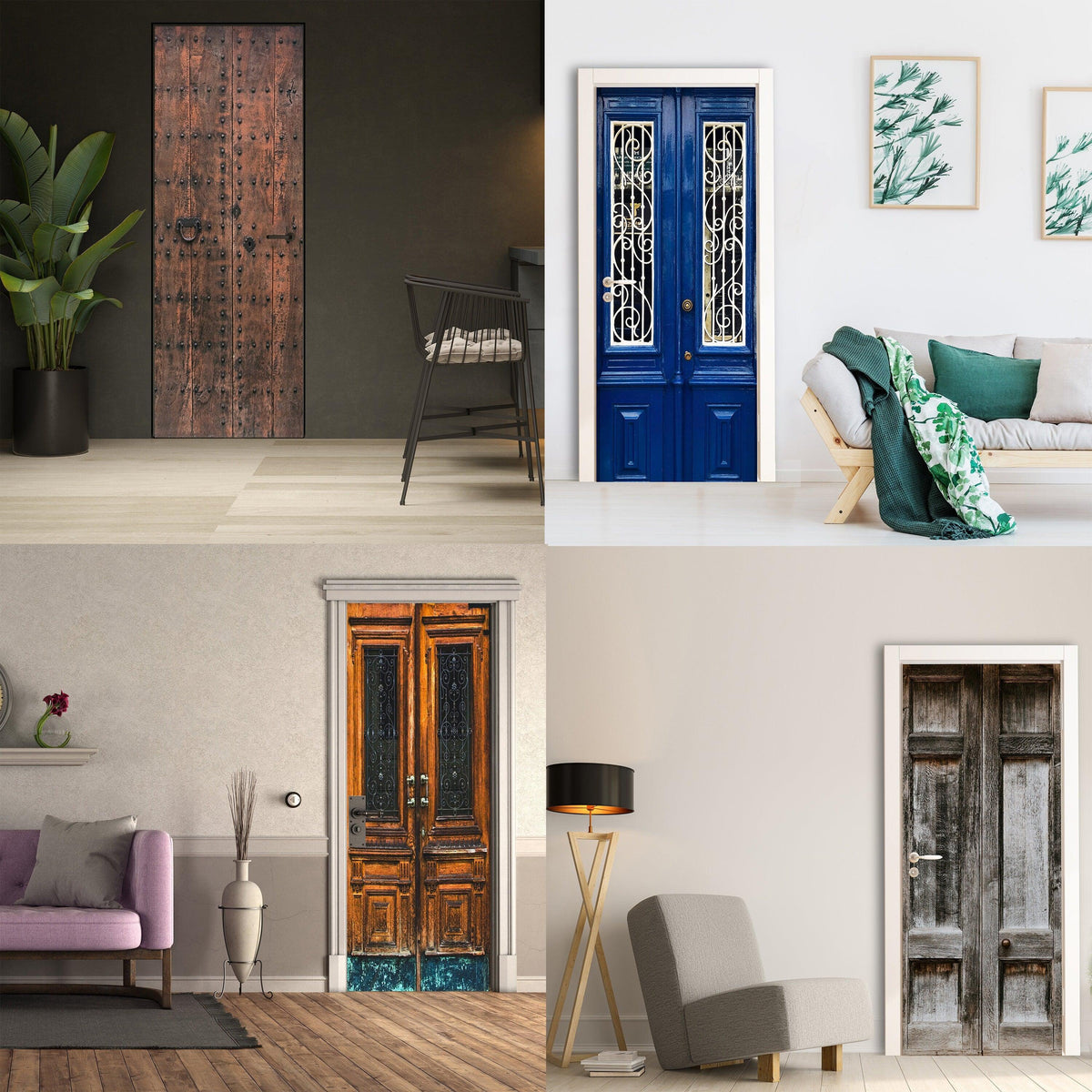 Collage of decorative door cover stickers in varying styles, including rustic wood, blue designs, and vibrant murals.