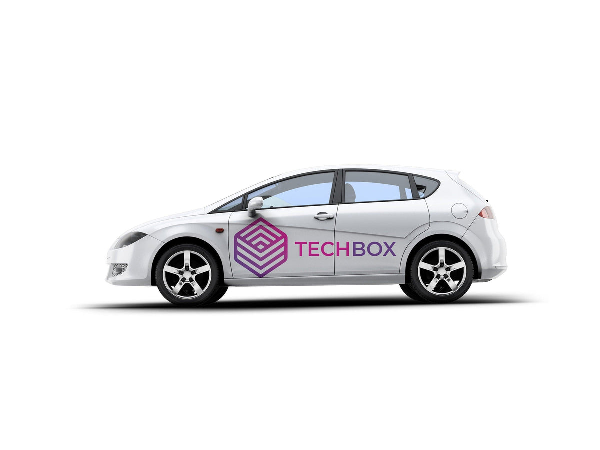 Custom vinyl vehicle graphic displayed on a white car.
