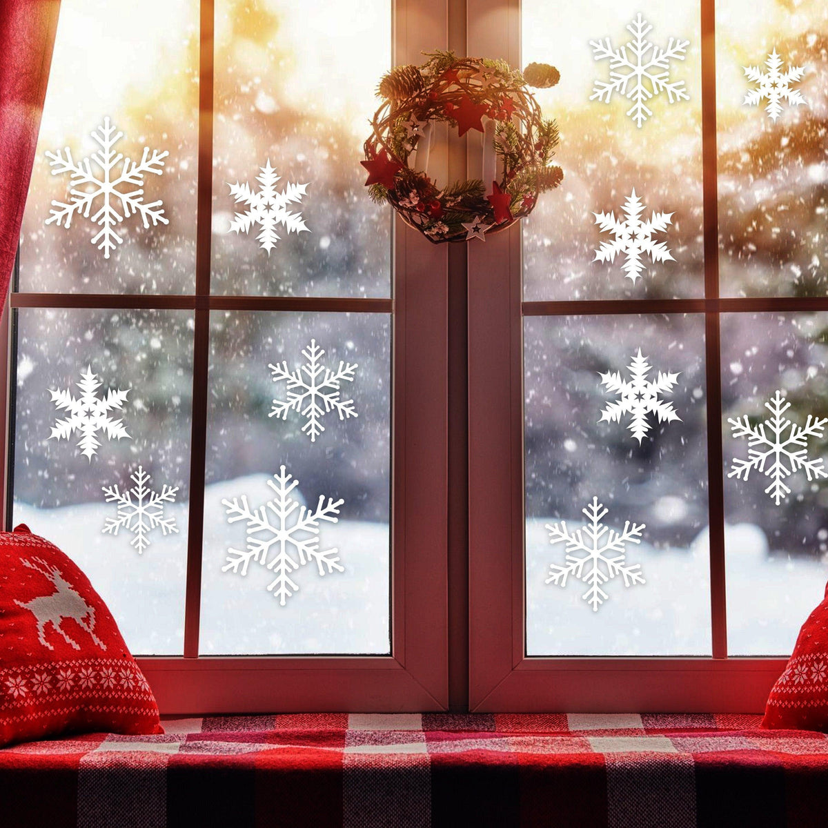 100x snowflake window stickers decoration on holiday windows with a cozy winter scene.
