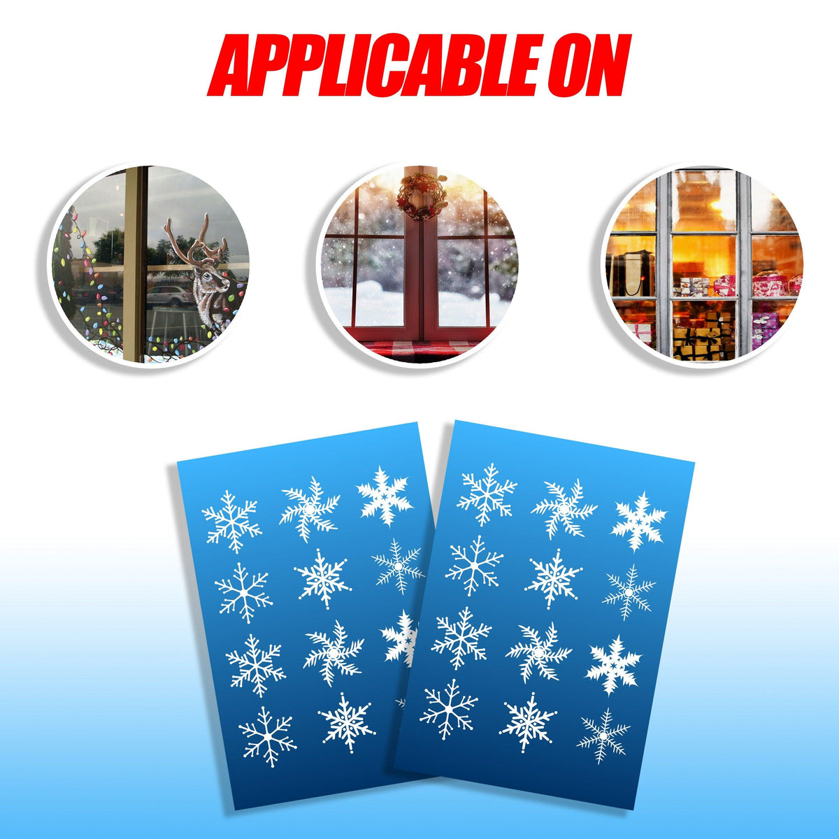 100 snowflake window stickers apply easily to glass surfaces.