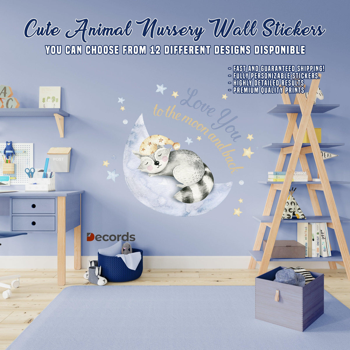 Cute animal nursery wall sticker featuring a sleepy koala on a moon.