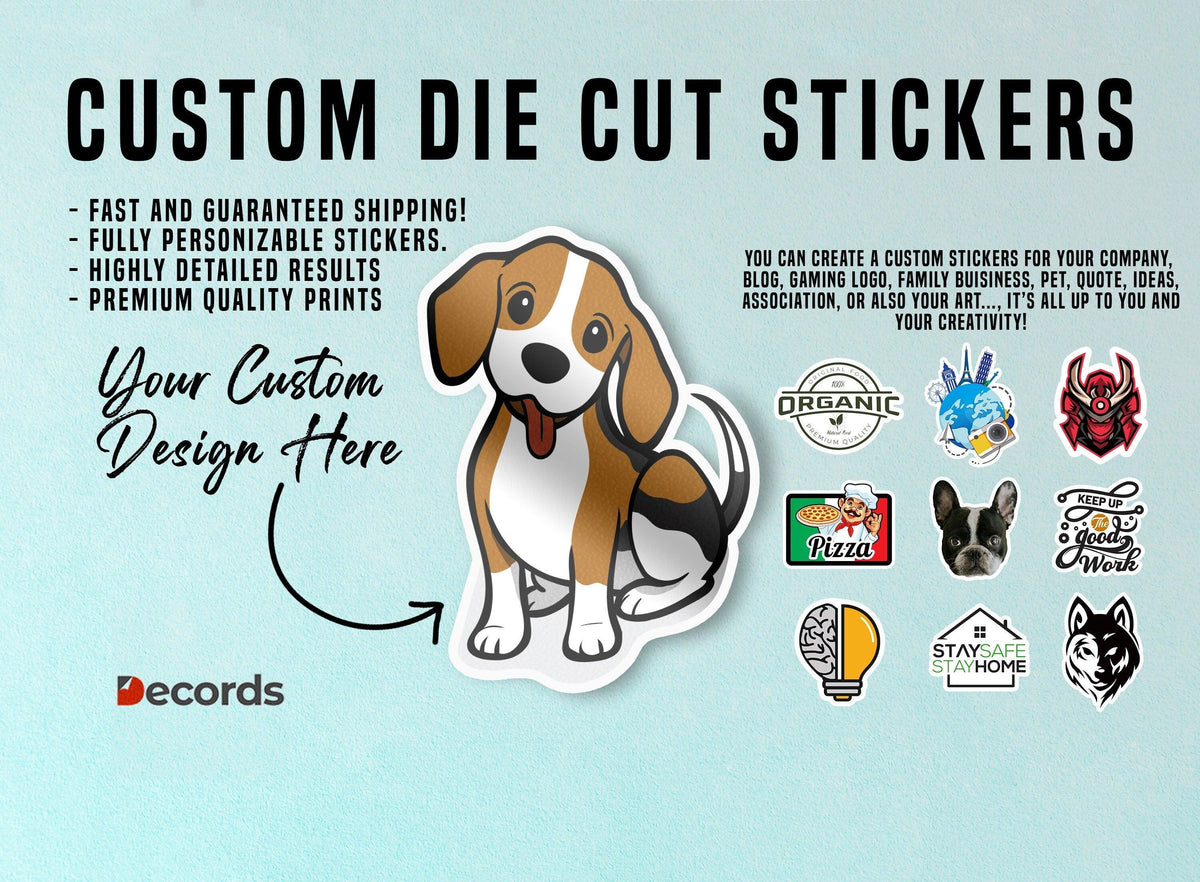 Custom die cut stickers displayed with a beagle design, showcasing personalized options and various styles.